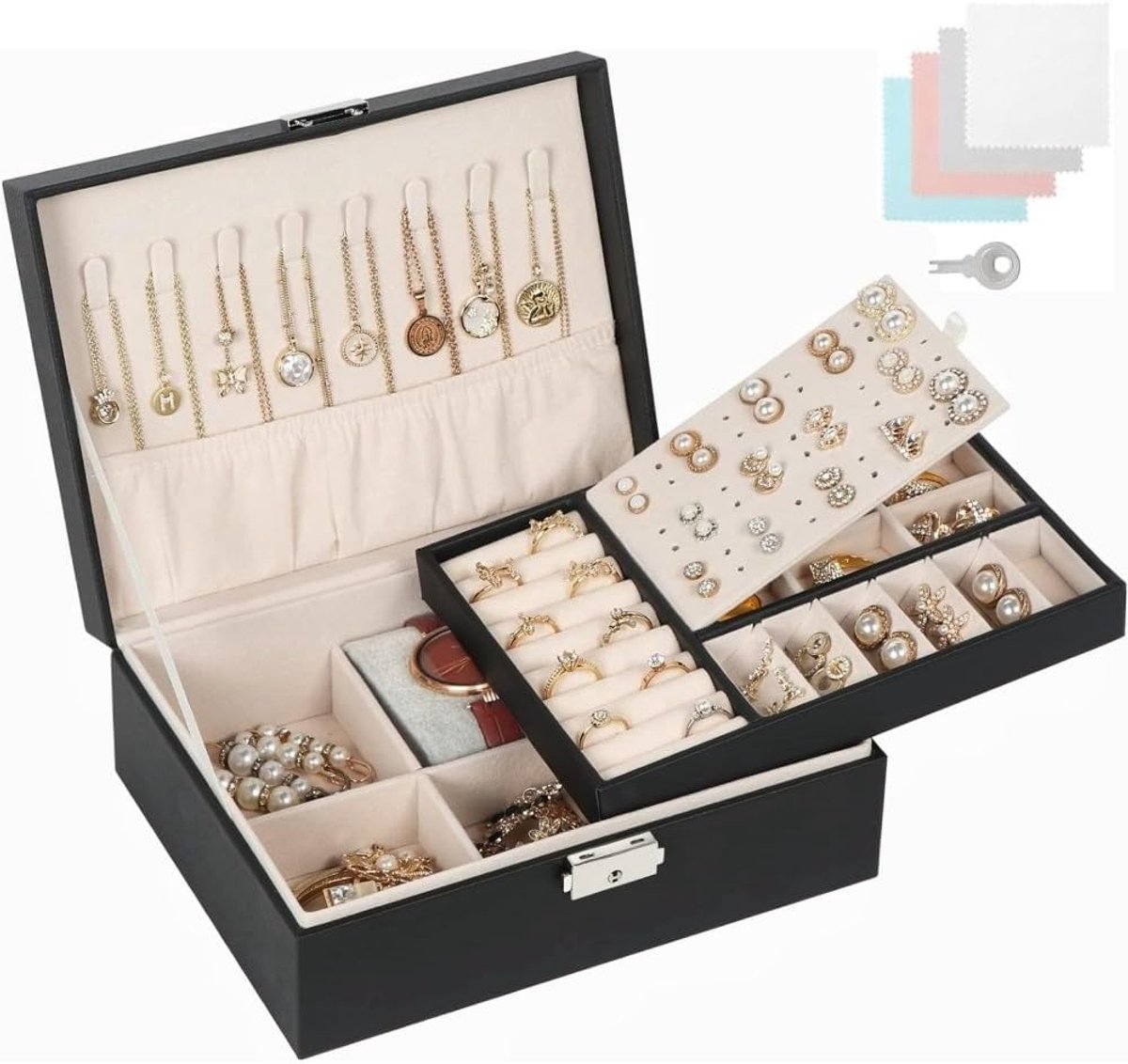 SnelShoppen - Aucuu Sieradenbox Organizer, 2 Laags Grote Sieradenopbergdoos voor Vrouwen, PU Leer Sieradenopslagdoos met Slot voor Oorbellen, Ringen,