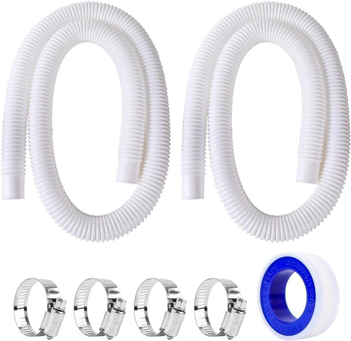 SnelShoppen - Poolslang 32 mm, 2x 100 m witte PVC, 4 stevige klemmen, voor zwembadpompen en riolering, lekvrij en sterk