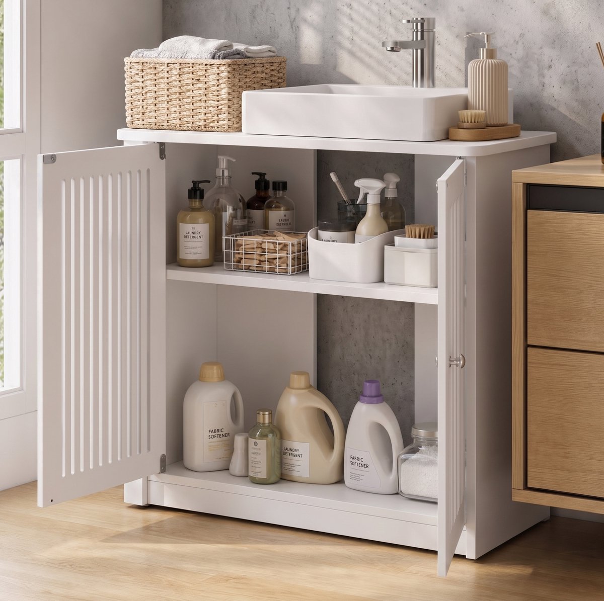 FloraGrace Badkamerkast - Staand Met Dubbele Deuren En Lamellenfront - Met Verstelbare Plank Voor Badkamer En Wasruimte - Wit - 60x30x60 Cm