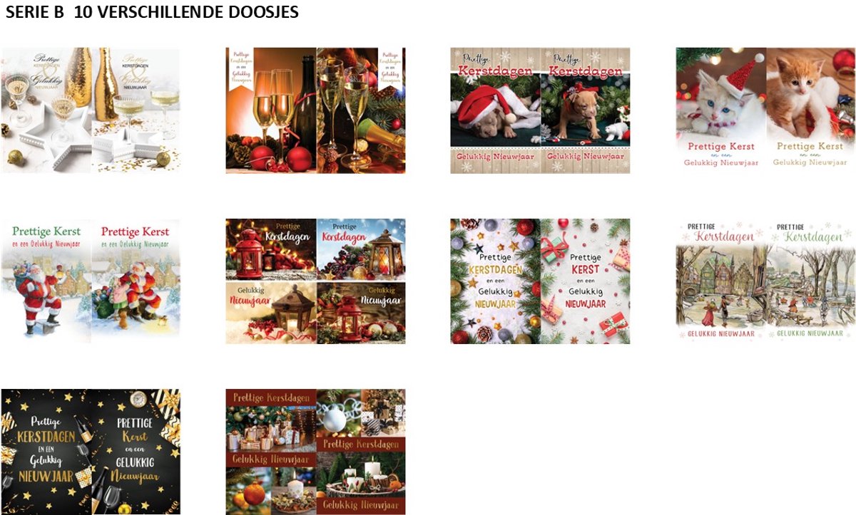 Kerstaanbieding: 60 kerstdoosjes budget met 10 kaarten en enveloppen serie B