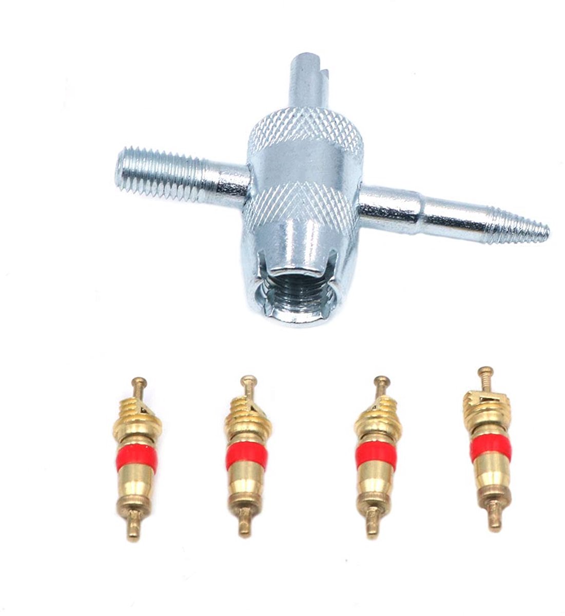 SnelShoppen - 4-voudige ventieltool met 4 ventielkernen, geschikt voor alle voertuigen en airconditioningsystemen, ideaal voor onderhoud en reparatie