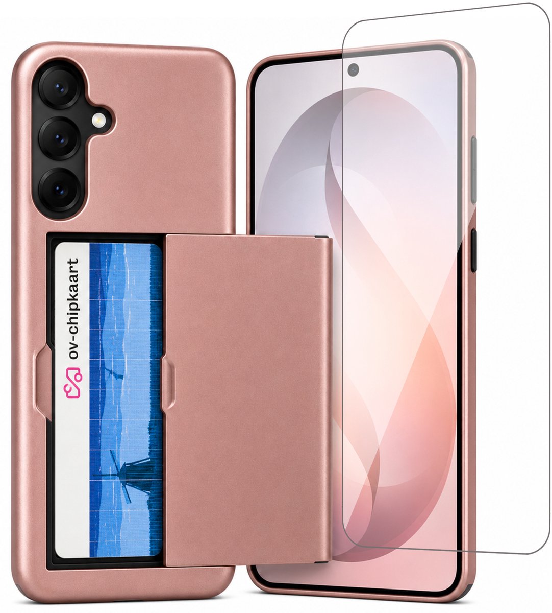 Hoesje met Pasjeshouder geschikt voor Samsung Galaxy S25 FE – Back Cover Slide Case – Roségoud – Met Screenprotector Glas