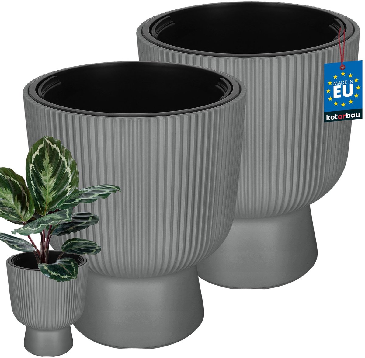 KOTARBAU® 2 Stuks - Bloempot - Plantenpot Ø 29 cm - met Binnenpot - Geribbelde Plantenbak - Plantenpot met Voet - Plantenbak - Kunststof - H: 36 cm - Grijs