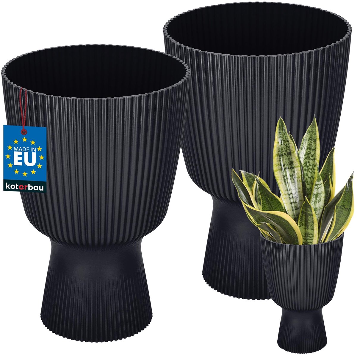 KOTARBAU® 2 Stuks - Bloempot - Plantenpot met Sokkel ⌀ 18 cm - PVC - Geribbelde Orchideeënpot - H: 27 cm - Antraciet - Kelkvorm