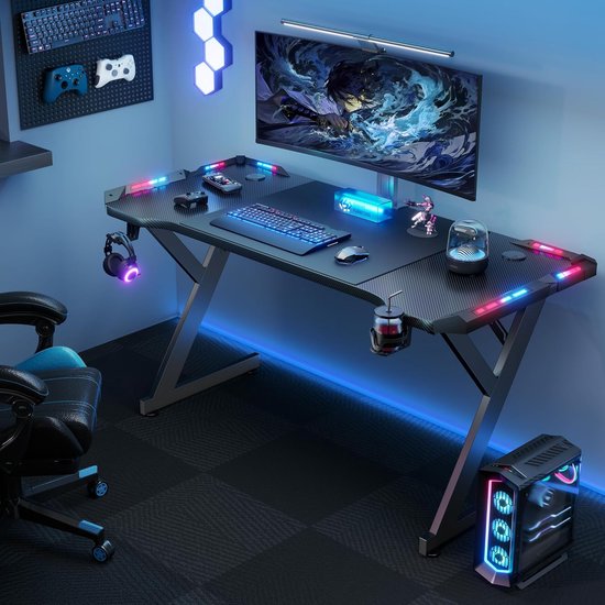 Gaming Bureau - PC Tafel - Studeren Spelen Werken - Met LED Verlichting - 140 x 60 cm - Zwart — afbeelding 4
