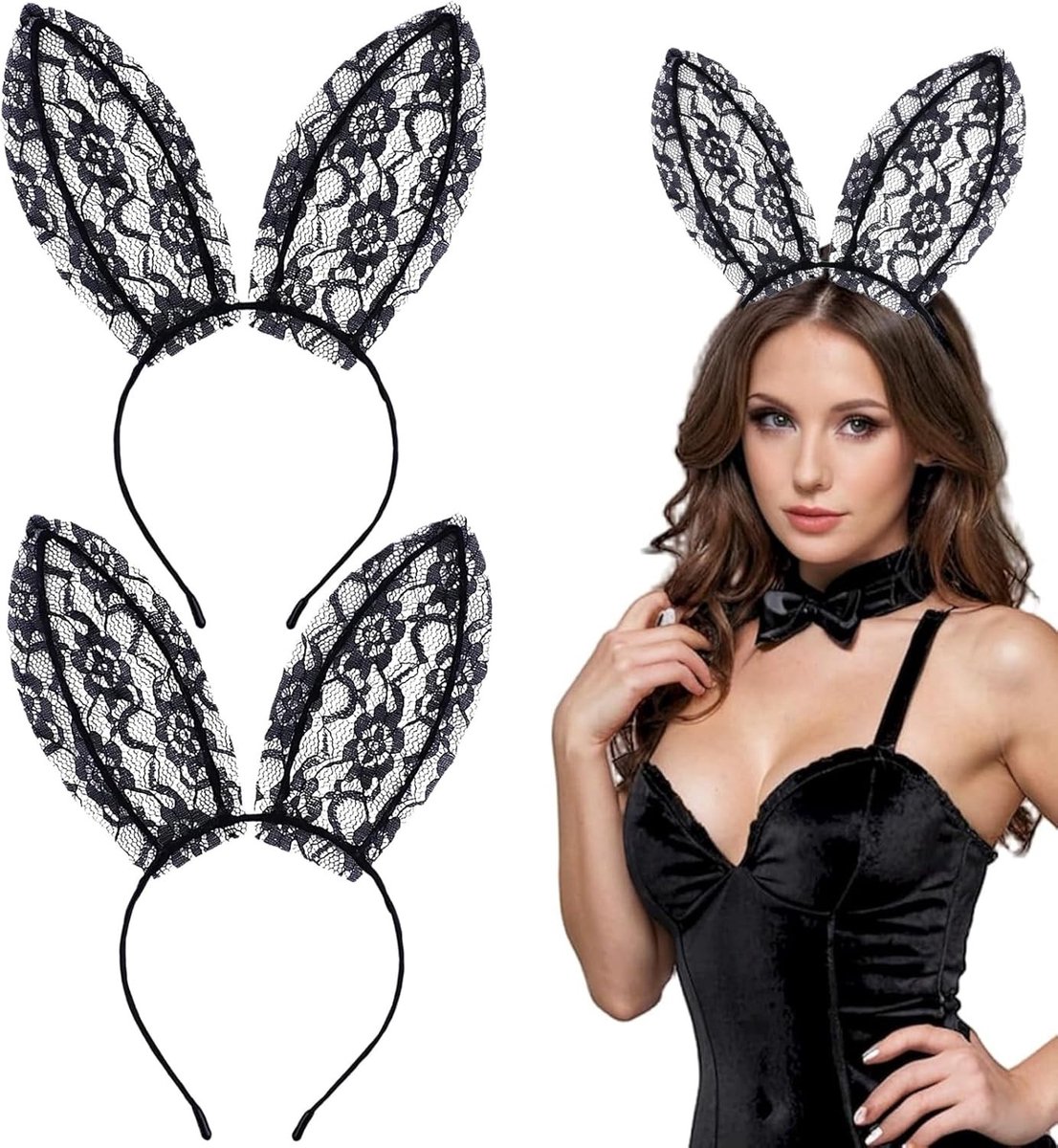 Haarband - Zwart - Kanten Hazenoren - Polyester - Voor Dames