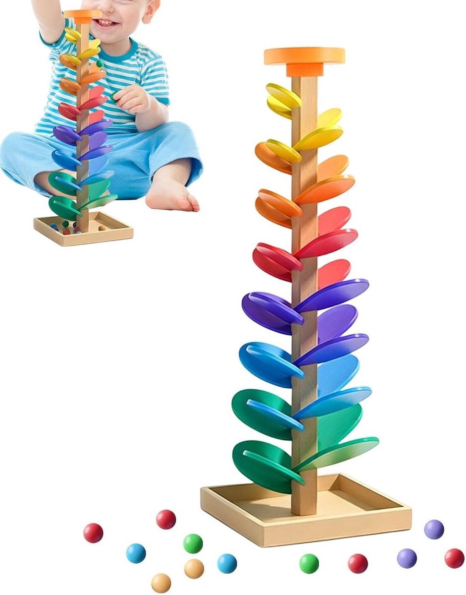 Houten Knikkerbaan - Ballenbaan Muziekboom - Kleuren Leren Spelen - Muzikale Balval - 30 x 375 x 4 cm