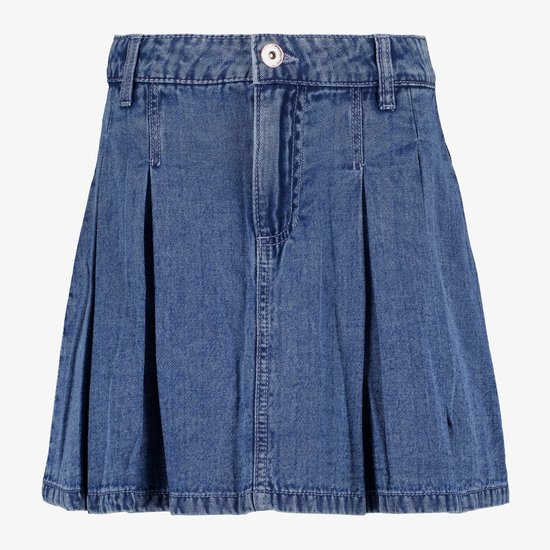 Blauwe denim rok met plooien, knoopsluiting en visgraatmotief.