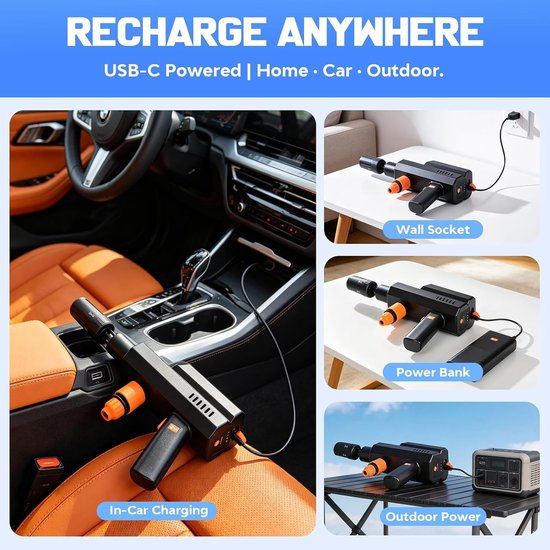 Draagbare hogedrukreiniger - Draadloos - 5-in-1 mondstuk - 12000 mAh Accu - Voor Auto, Fiets en Tuin — afbeelding 3