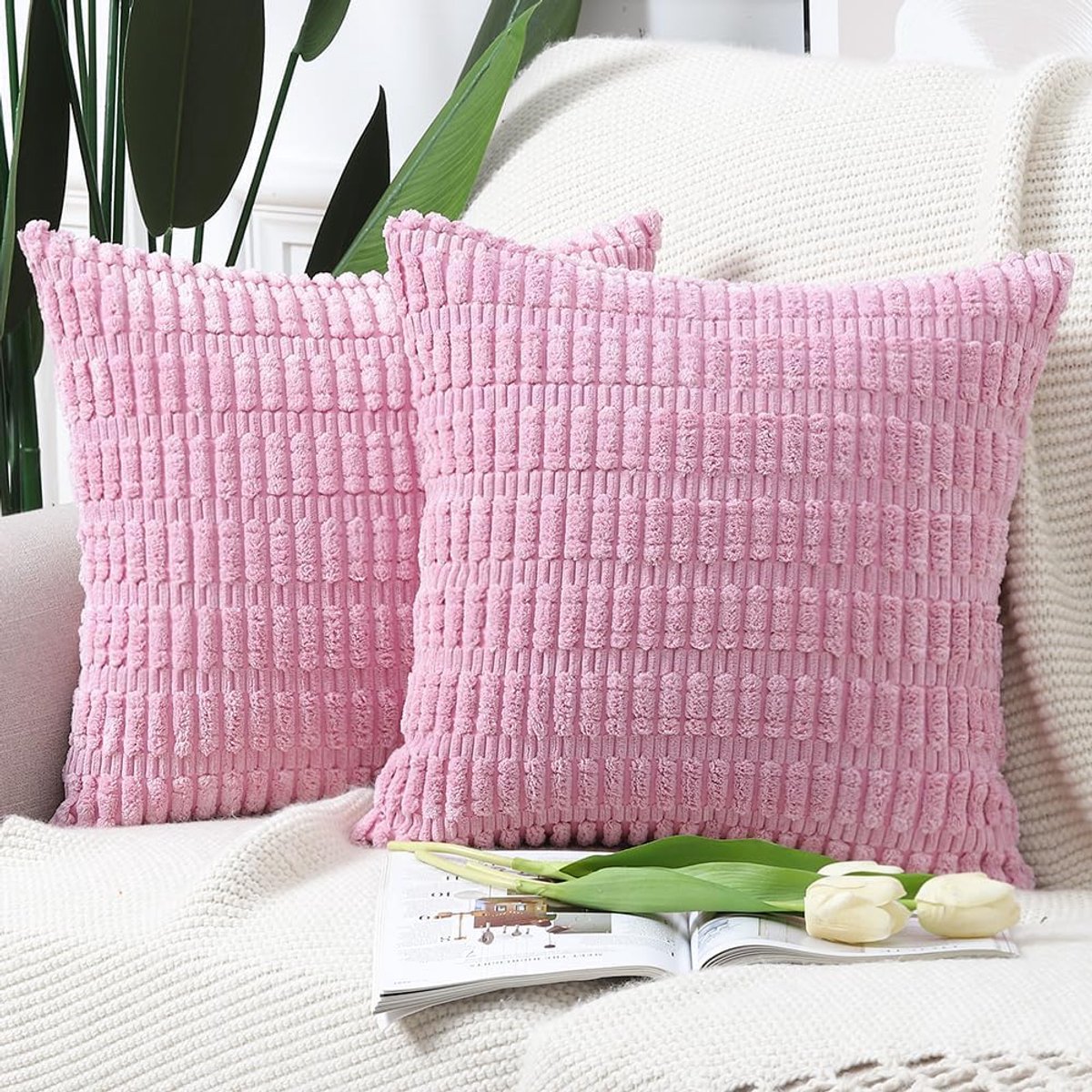 SnelShoppen - Set van 2 Boho Gestreepte Corduroy Kussenslopen 40x40 cm Zacht Roze Decoratief Kussenhoesje voor Bank en Slaapkamer