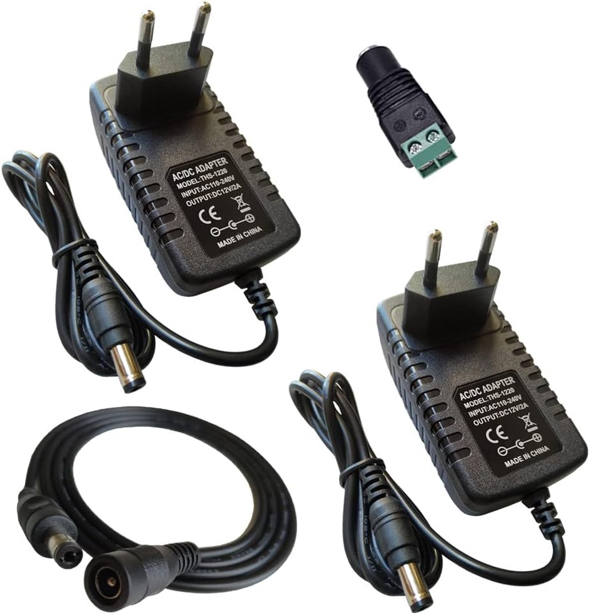 SnelShoppen - 2 Stuks AC/DC Adapter Voedingsadapter DC 12V 2A Wandplug voor LED Strips en LED Sfeerverlichting met 85 cm Kabel