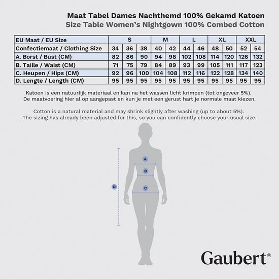 Maattabel voor dames nachthemden van 100% gekamd katoen.