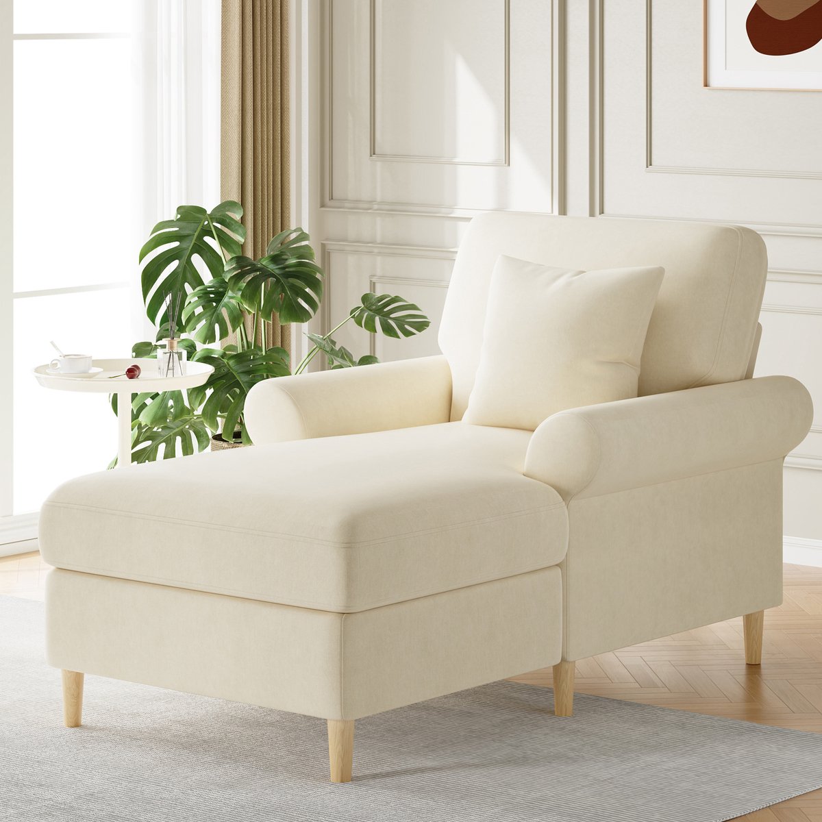 MEUNIQ Relaxfauteuil beige 133 x 87 x 90 cm met verstelbare ligfunctie, armleuningen, kussen en hoge houten poten voor woonkamer of slaapkamer