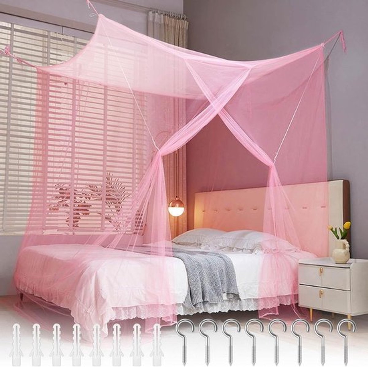 Grote Roze Muggennet voor Eenpersoonsbed, Inclusief Montagekit, Ideaal voor Thuis en Reizen, 200 x 180 x 165 cm, Bescherming tegen Insecten, Draagbaar en Lichtgewicht