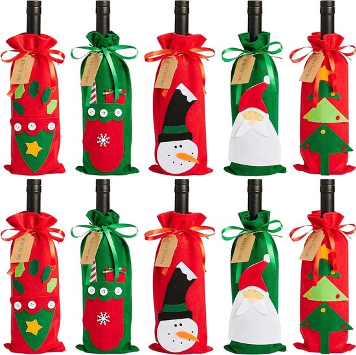 10 Herbruikbare Kerst Wijn Cadeautassen met Koorden en Labels - 5 Verschillende Ontwerpen voor Feestdagen en Decoratie