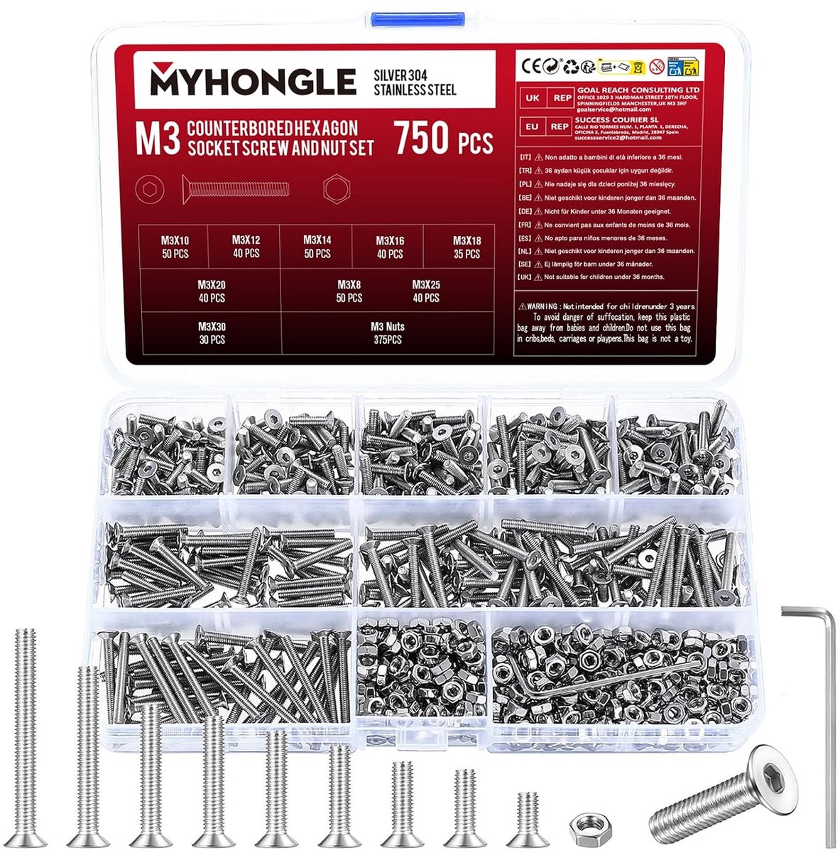 SnelShoppen - 750-delige M3 Schroeven Set, RVS Hexagon Socket Schroeven en Moeren, Zinkkop Schroeven Assortiment, Cilinder Schroeven met Moeren, Draad