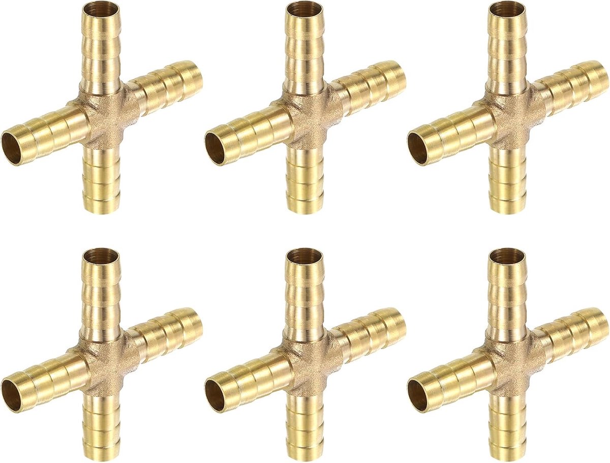 SnelShoppen - 6 Stuks Messing 4-Weg Buiskoppeling, 5/16 Inch (8mm) Kruisstuk Slangverbinder voor Water, Brandstof en Lucht Transport