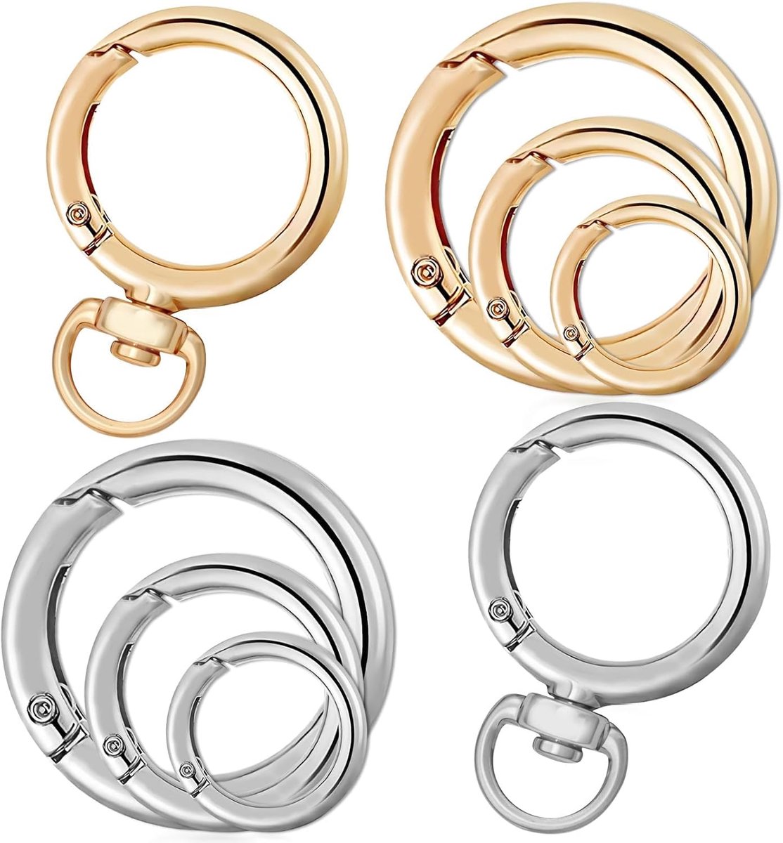SnelShoppen - Sleutelhanger clip set met O-ringen, ronde karabijnhaak, schouderriem, ring ketting, 8 stuks in goud en zilver voor tas, camping, feest,