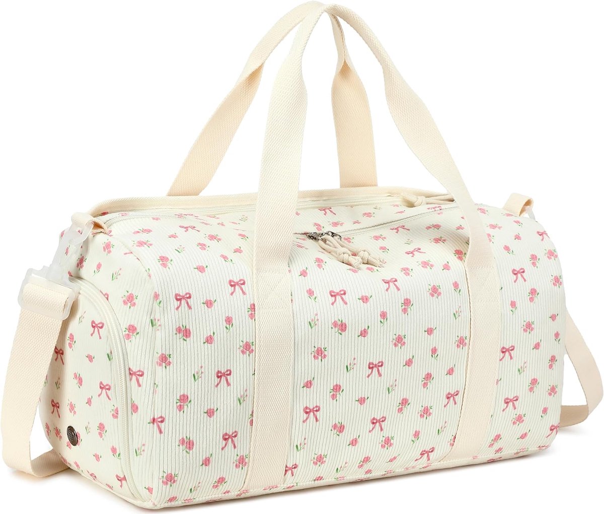 SnelShoppen - Sporttas voor Kinderen - Zwemtas Jongens en Meisjes met Schoen- en Nat Compartment - Fitness Tas Klein Beigekleurig met Bloemenprint - 4