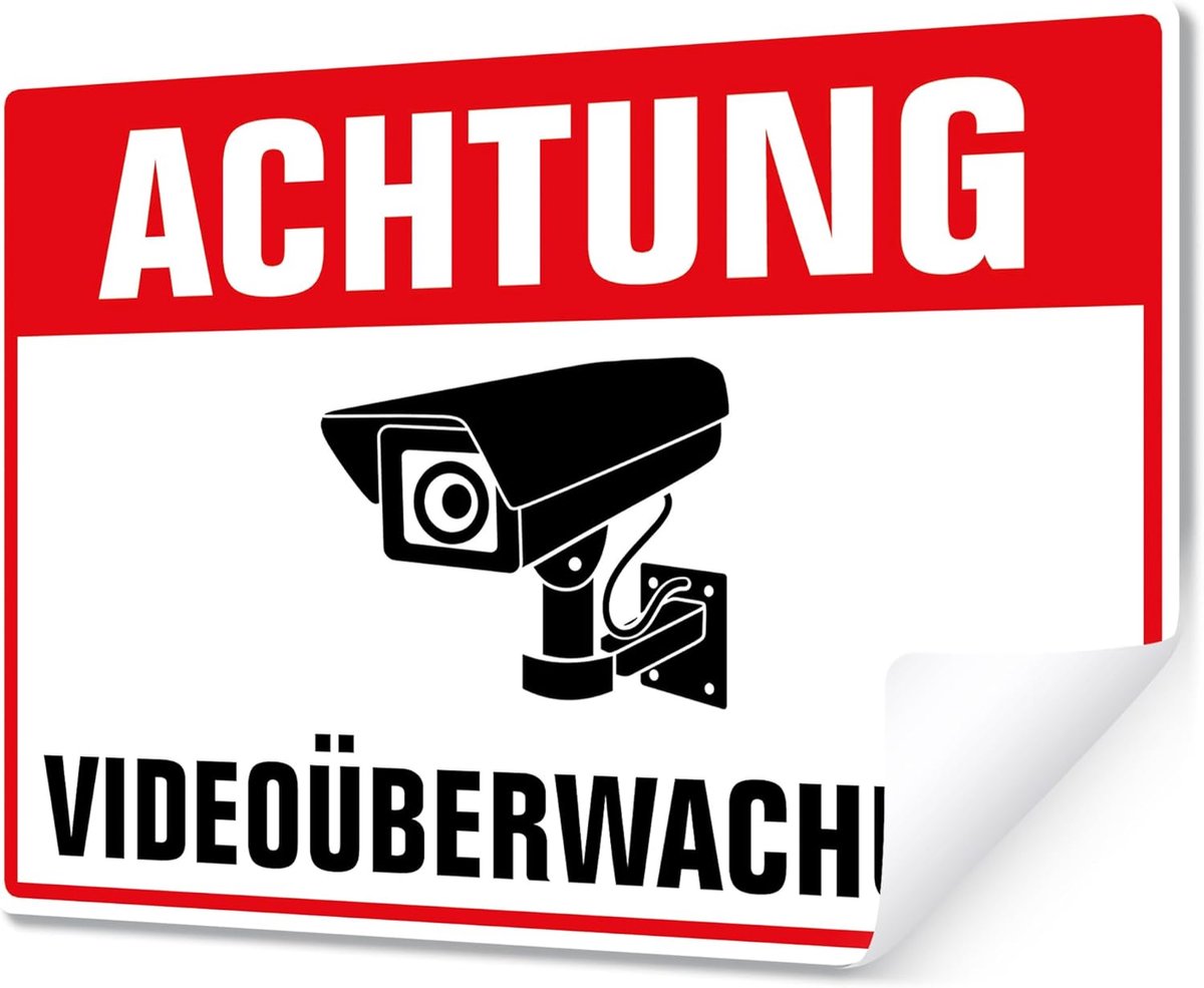 SnelShoppen - 10 x Videobewaking Stickers Buiten A6, Waarschuwing Sticker, Weerbestendig, UV-bestendig, Waterdicht, 14,8 x 10,5 cm, Voor Ramen en Deur