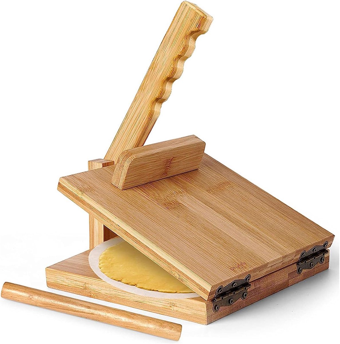 SnelShoppen - Houten Tortilla Pers Maker, Handmatige Deegpers met 50 Bakpapier voor Thuis Keuken, Multifunctionele Keuken Gadget voor Tortilla's, Pizz