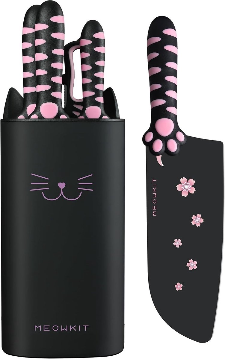 Messenblok Set - Roze - 7.4 cm, 6.9 cm, 4.2 cm - Roestvrij Stalen Messen met Afneembaar Blok en Schaar - Voor Thuisgebruik