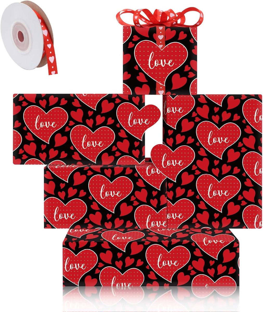 SnelShoppen - Hartinpakpapier voor Bruiloften, Valentijnsdag en Jubilea - 4 Vellen van 50x70 cm met Rood Hart en Lint, Luxe en Elegant Cadeaupapier