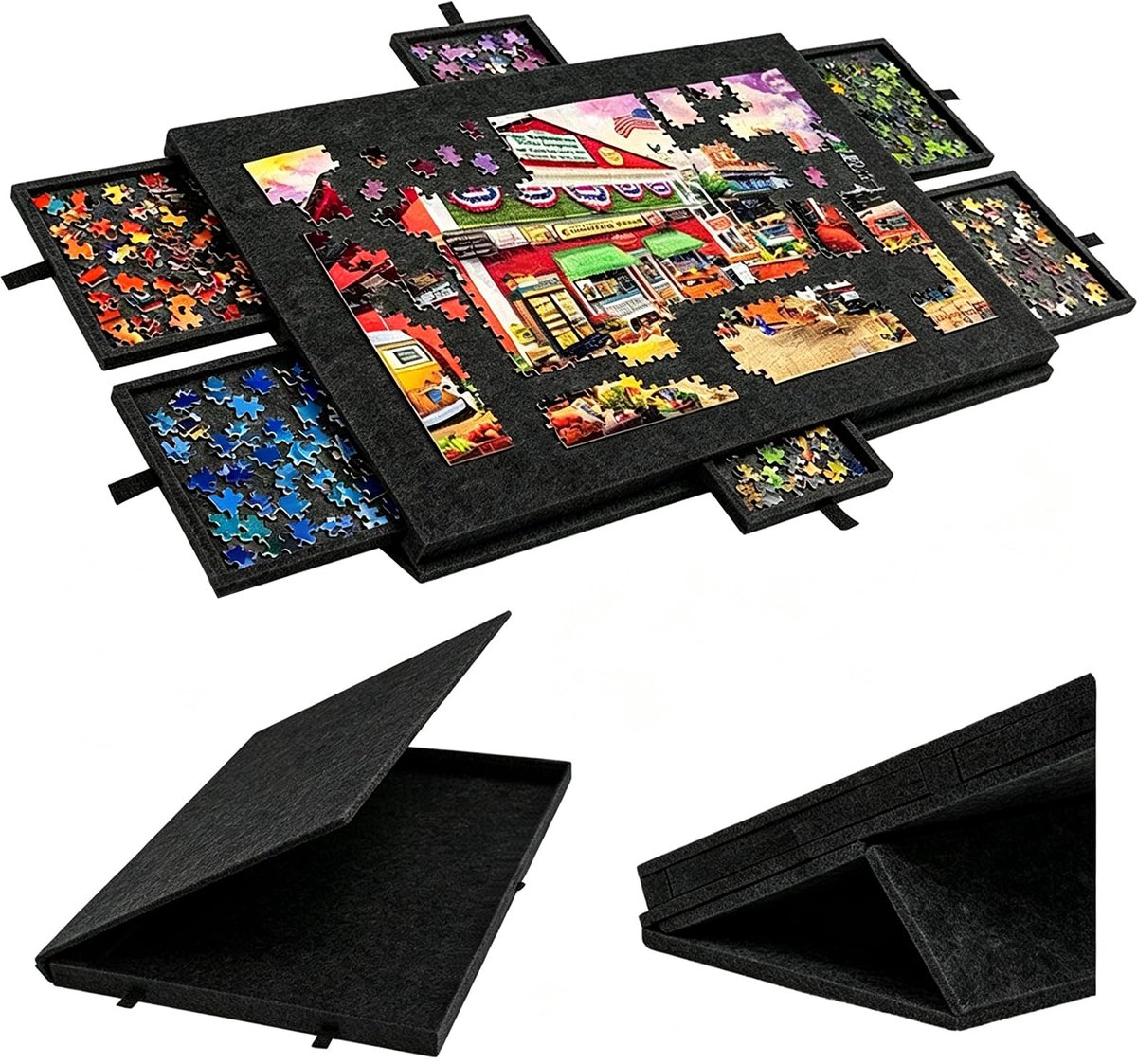 SnelShoppen - 2-in-1 Puzzelplank voor 1000 Stukjes, Inklapbare Puzzeltablet van Vilt met 6 Laden, Draagbare Puzzelmap voor het Opbergen, Puur Zwart