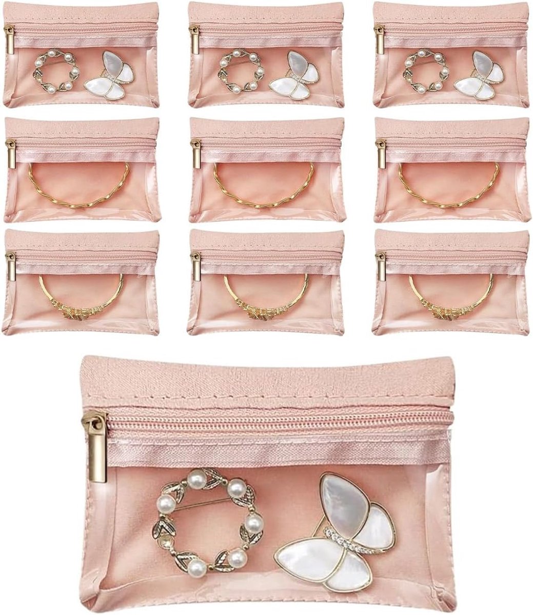 SnelShoppen - 10 Stuks Reis Sieraden Tassen Draagbare Rits Sieraden Tassen Geschikt voor Ringen Oorbellen Kettingen Armbanden (Roze)