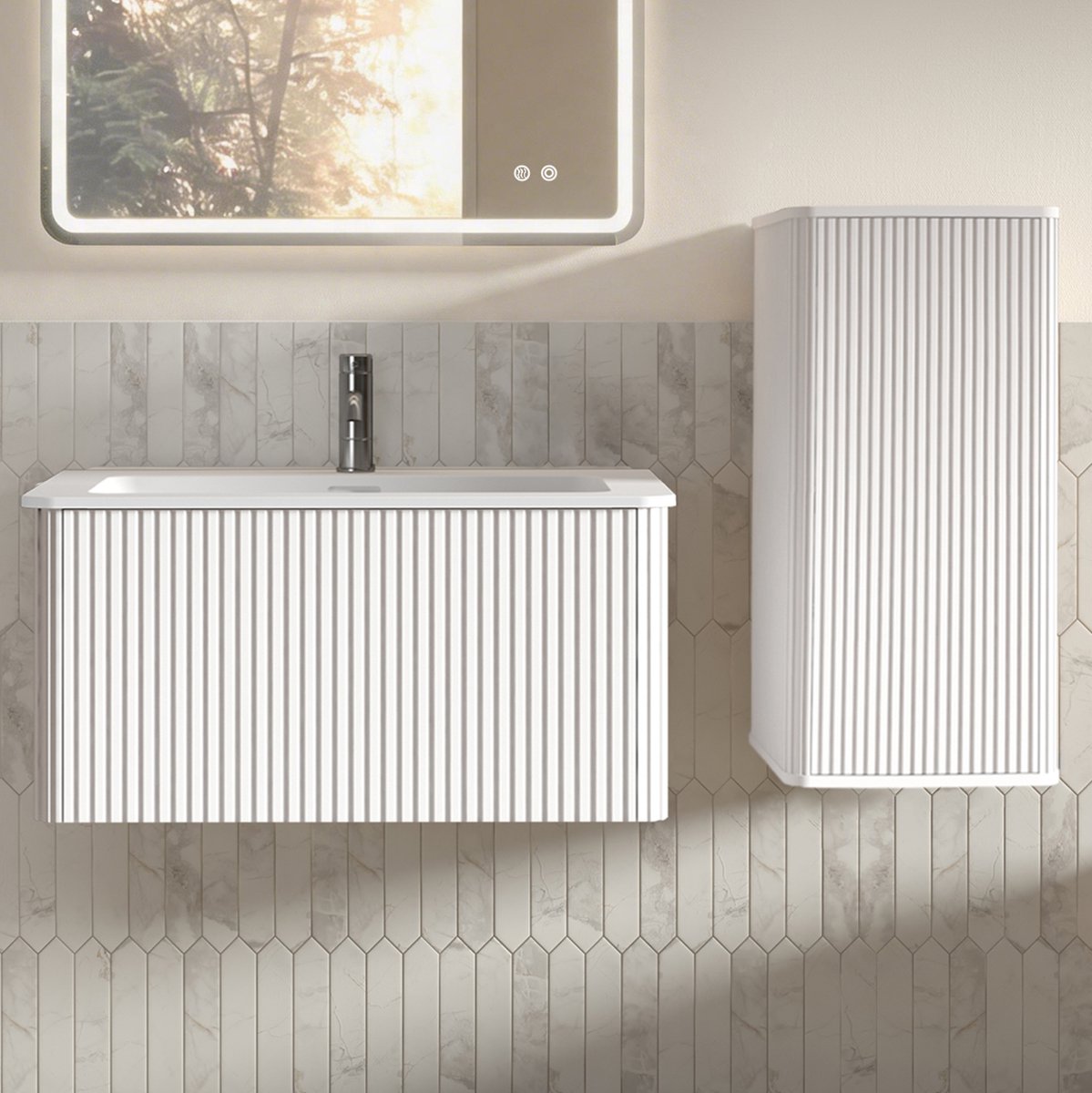 FloraGrace Badkamerkast Set - Wandhangend Wasmeubel Met Zijkast - Modern Minimalistisch Voor Badkamer En Gastentoilet - Wit - 81x46,5x37 Cm