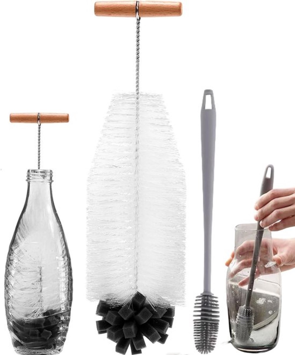 Langwerpige Flessenborstel Set - 35 cm Harde Borstels & Zachte Spons + 28 cm Siliconen-Schrobber voor Diepe Reiniging van Flessen, Containers en Hardnekkige Vlekken