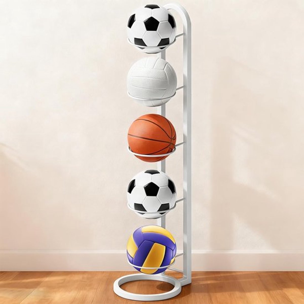 5-laags balstandaard voor basketbal, volleybal en voetbals, verticale opslag en displayhouder, ideaal voor sportuitrusting en accessoires
