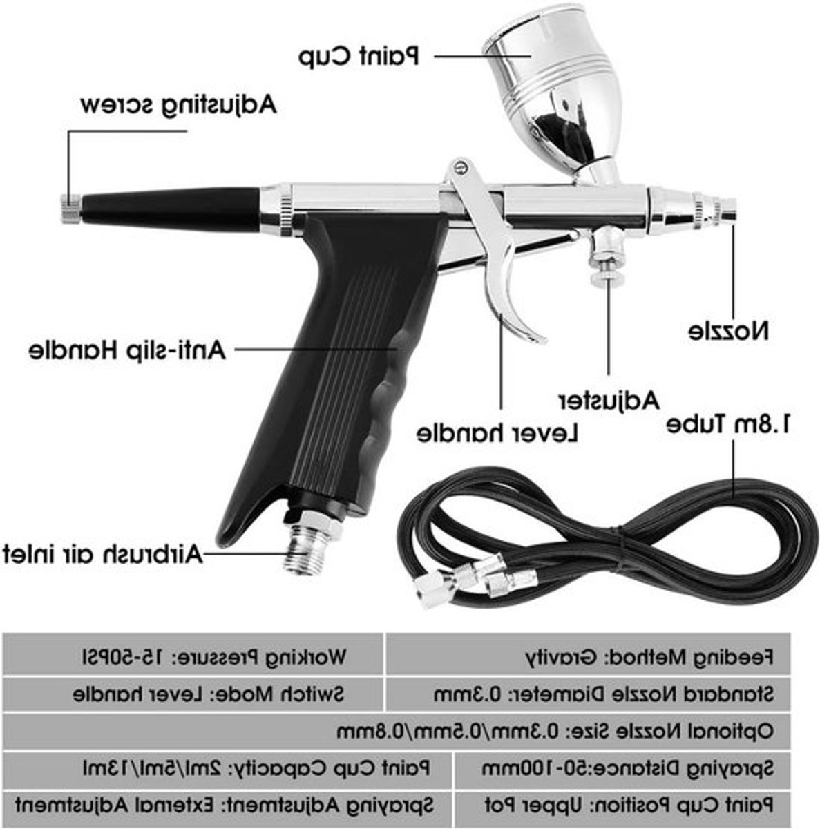 Veelzijdige gravity-airbrush-set met 0,3 mm, 0,5 mm en 0,8 mm mondstukken en cups voor precisieschilderen en kunstprojecten