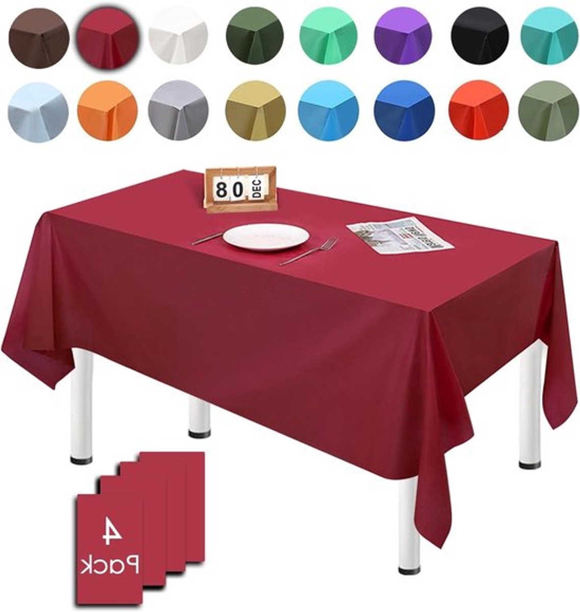 Set van 4 Bordeauxtafelkleden, 137 x 274 cm, Waterdichte Rechthoekige Tafelkleden voor Feestjes, Tuinfeesten en Bruiloften