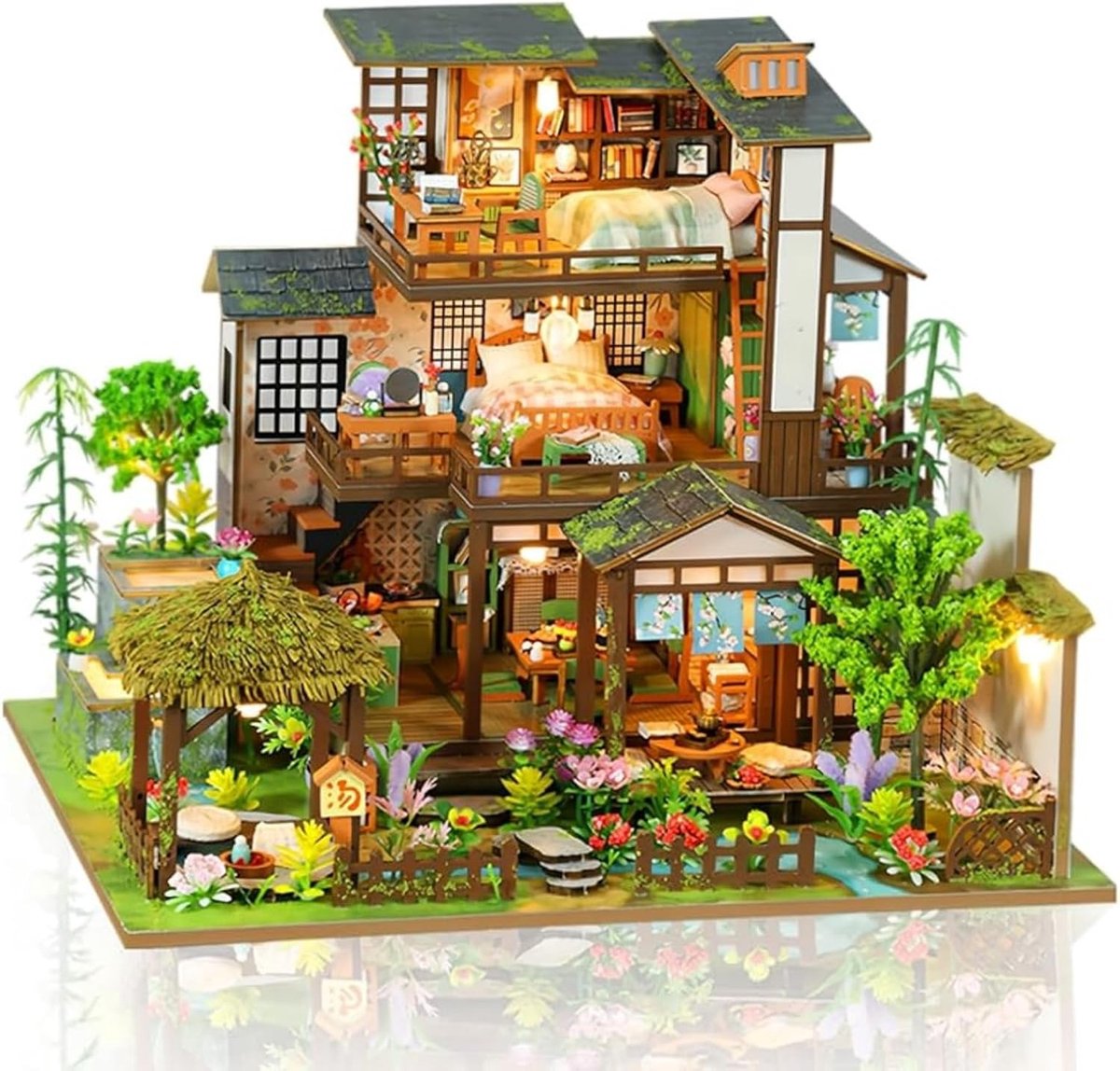 Miniatuur Poppenhuis Set met LED Verlichting, Houten Knutselproject voor Volwassenen en Tieners, Perfecte Cadeaus voor Verjaardagen en Feestdagen (Lente Bamboetuin)