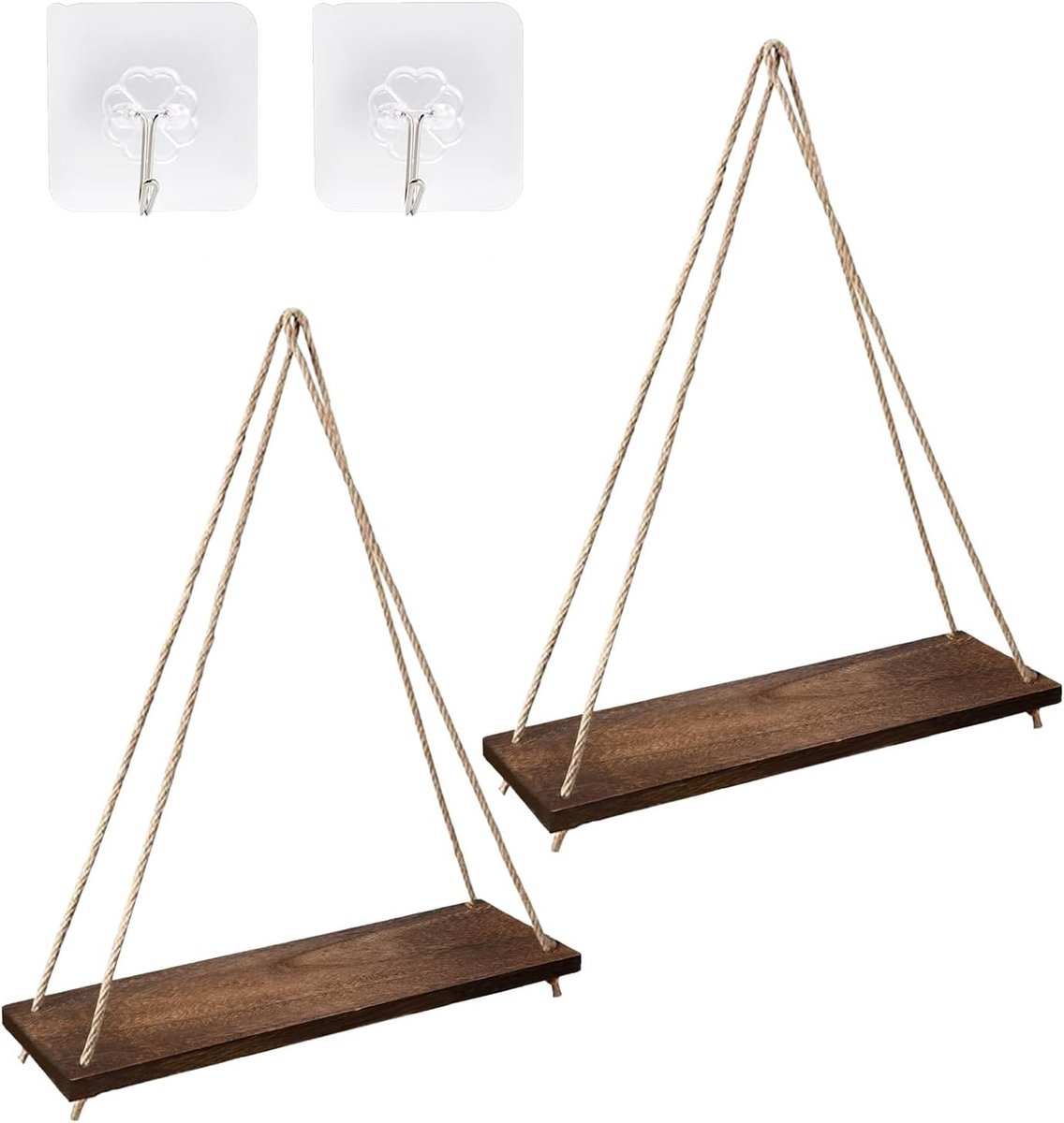Set van 2 Houten Wandplanken zonder Boren, Drijvende Planken met Touw, Boho Wanddecoratie en Opbergruimte