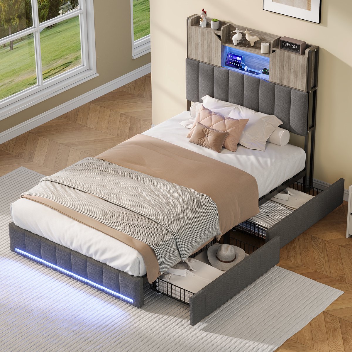 Kinderbed 90x200 cm, eenpersoonsbed met opbergruimte en led hoofd- en voeteneinde, linnen bed met 2 lades en opbergruimte in hoofdbord, usb type-c, grijs, zonder matras