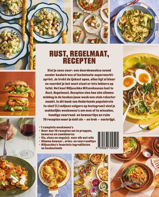 Boek "Rust, Regelmaat, Recepten" met Miljuschka Witzenhausen, 70+ recepten, kooktips en menu's.