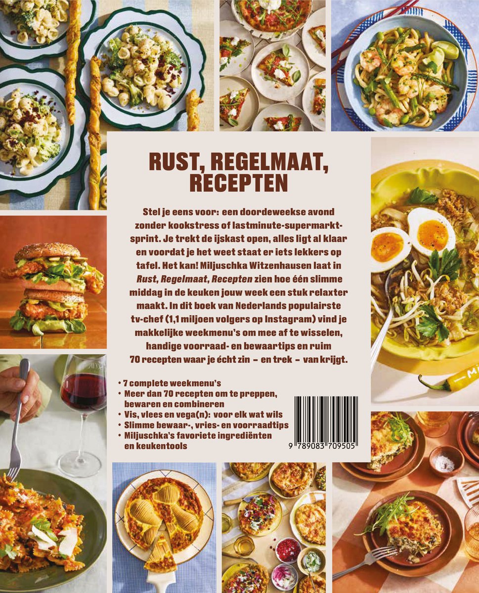 Boek "Rust, Regelmaat, Recepten" met Miljuschka Witzenhausen, 70+ recepten, kooktips en menu's.