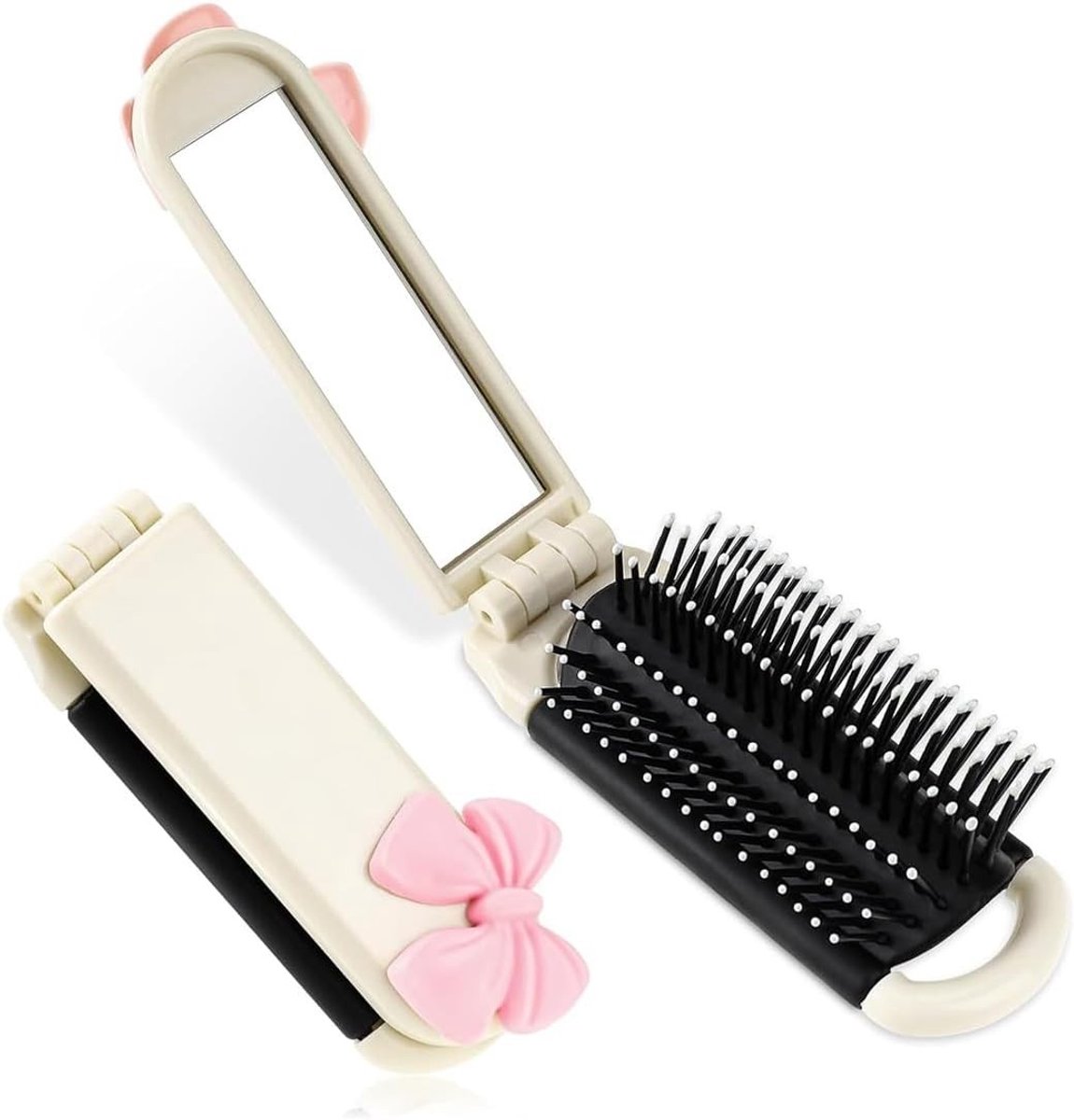 Thijox - Reis-haarborstel met spiegel, inklapbaar, mini-massageborstel, compacte zakformaat haarstyling-tool voor sportschool, vakantie en onderweg
