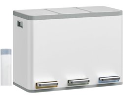 HILINSIE Keukenafvalbak, afvalscheidingsbak met 3 vakken, 45 liter (3 x 15 liter), roestvrijstalen keukenafvalbak, pedaalemmer met kleurgecodeerde pedalen, soft-close deksel, wit