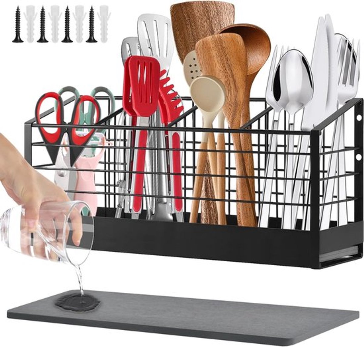 Keukenhulpmiddelen Houder voor Werkblad of Muurmontage, 4 Compartimenten, Grote Bestekhouder met Pebble Tray Basis, Ideaal voor Keukenaccessoires en Organisatie