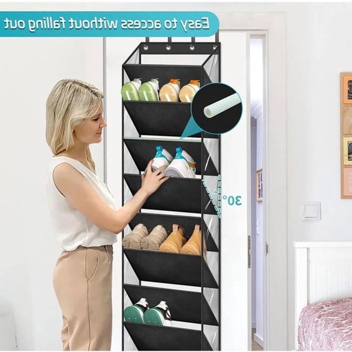 Hangend Schoenenrek voor aan de Deur, 10 Niveaus Schoenen Organizer met 4 Metalen Haakjes, Ruimtebesparende Oplossing voor Schoenen en Accessoires