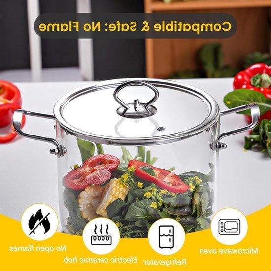 Hittebestendige glazen stoofpot met deksel - Perfect voor soep, pasta en salades met roestvrijstalen handgrepen — afbeelding 5