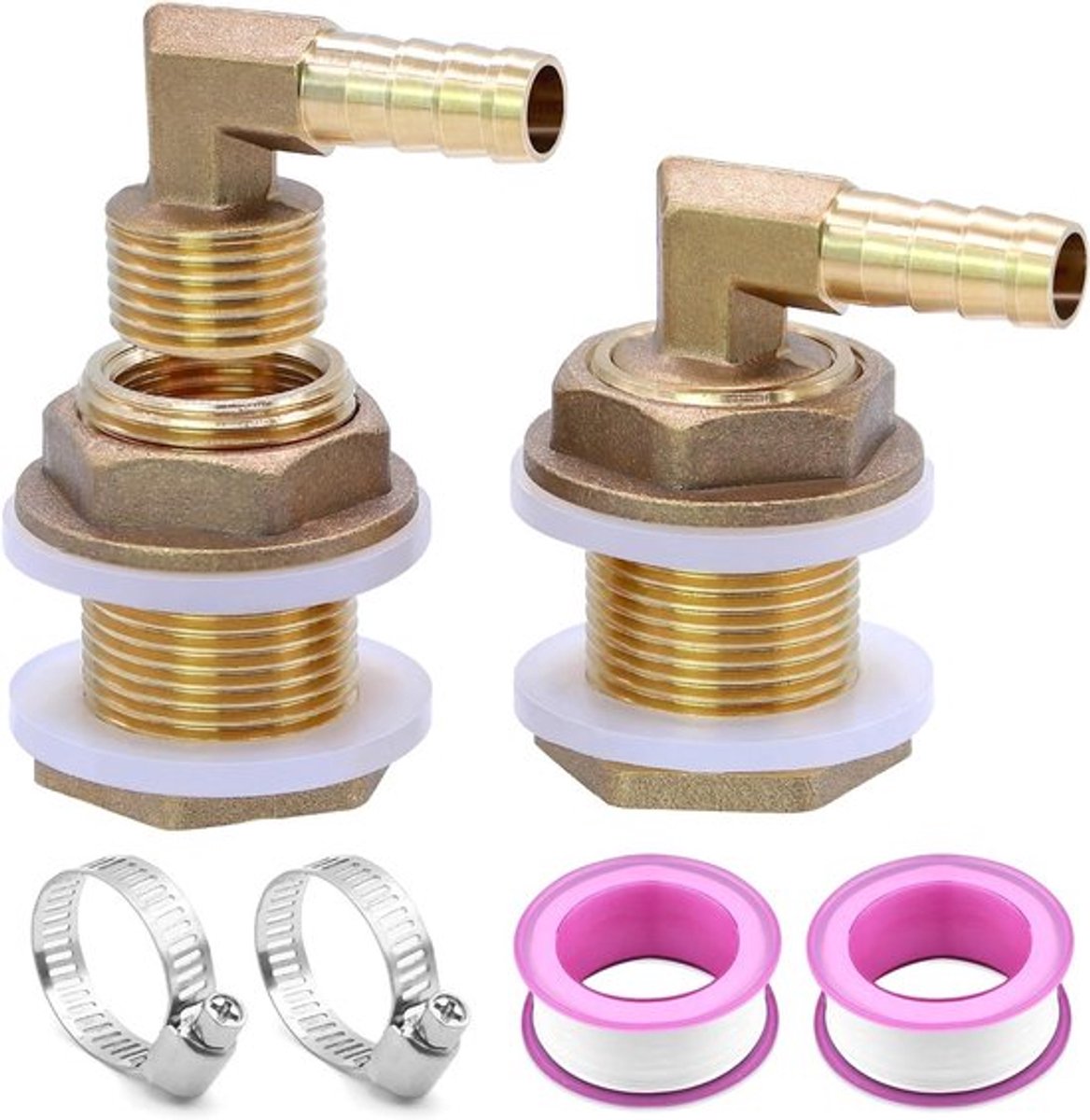 2-delige Messing Tank Aansluiting Set voor Regenwateropvang met Slang, Klemmen en Teflon Tape, Geschikt voor 3/4 Inch Aansluitingen