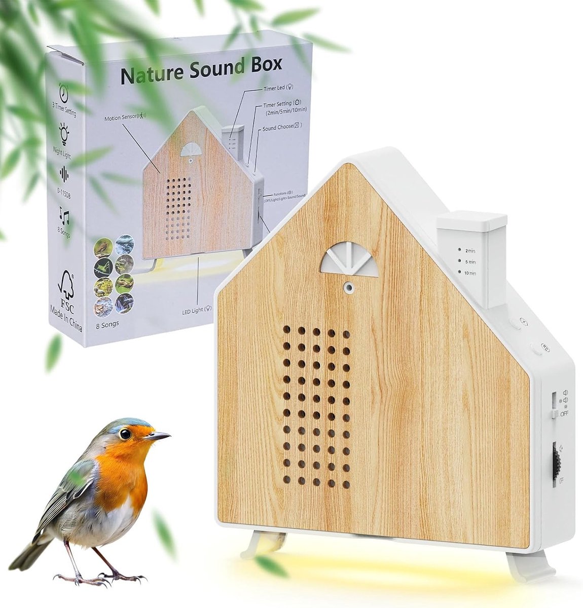 Natuurgeluiden Box met Sensor en LED-lampjes - Compact - 20 x 10 x 5 cm - 8 Natuurlijke Geluiden - Voor Ontspanning en Slaap