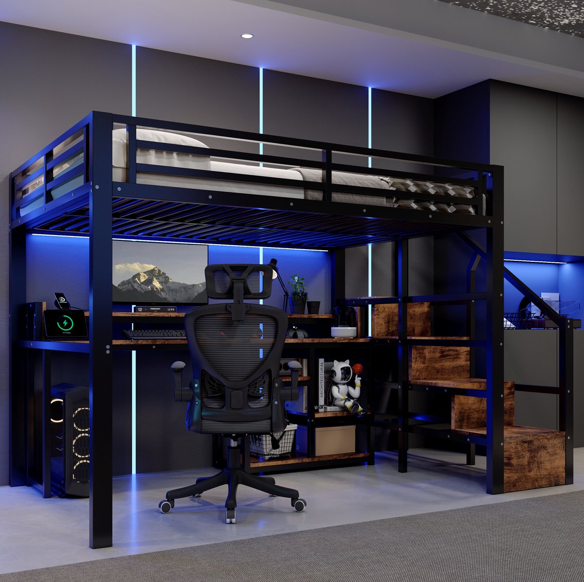 STILVORA Hoogslaper 140 x 200 cm - Hoog Bed Met Bureau, Opbergrek En Trapkast - Met LED Verlichting, USB En Type C - Metaal En MDF - Zwart - Zonder Matras