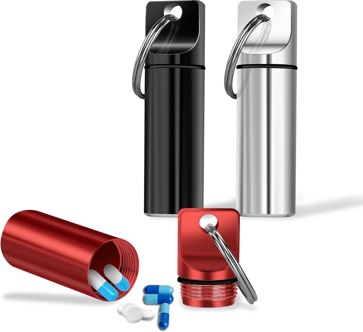 3 Stuks Mini Pillendoosje Sleutelhanger, Draagbare Aluminium Pil Gevallen, Waterdicht Tablet Capsule Dagelijkse Zakpil Pil Container voor Outdoor Camping Reizen (zwart, zilver, rood)