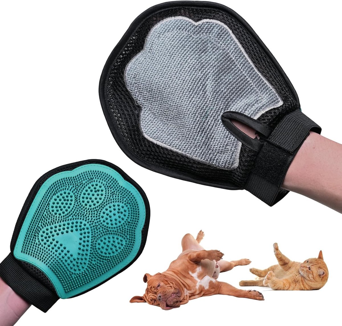 Dubbelzijdige Haarverwijderingshandschoen voor Huisdieren: Verwijder Kat- en Hondenhaar, Ademend Mesh, Verstelbaar, 22x18cm, Unisex, Zwart-Groen met Pootontwerp