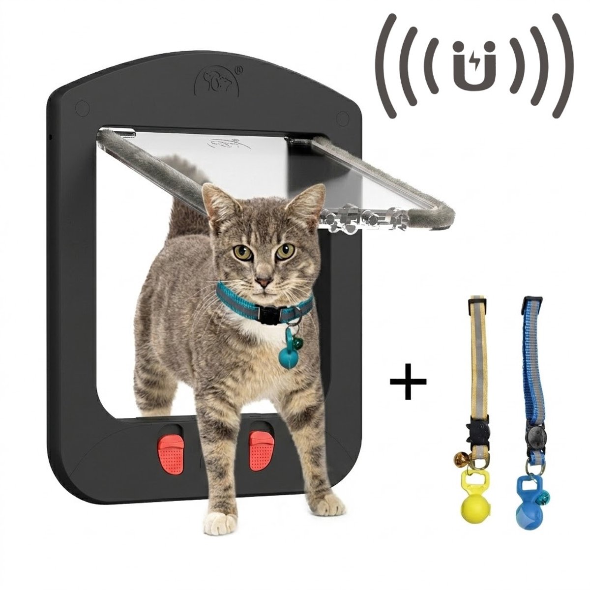 KHRONOX Kattenluik met Tunnel, 23x29x5 cm, Magnetische Sluiting en Halsbanden, Afsluitbaar Kattenluik, 4 Vergrendelingsstanden, Voor Kleine, Middel, Grote Katten, Inclusief Montageset en Handleiding, Inclusief 2 magnetische halsbanden, ZWART